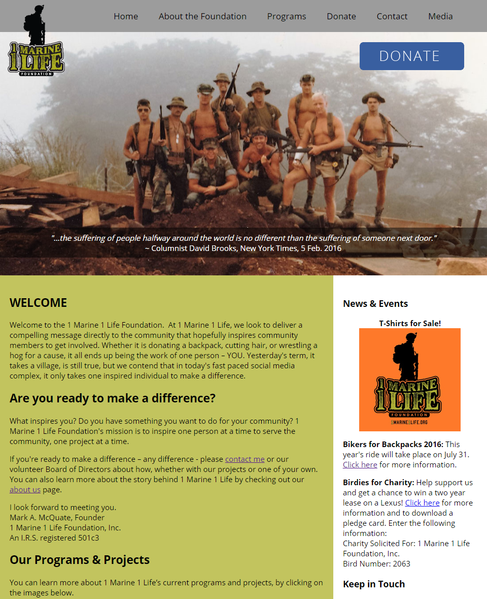 Screenshot of the 1 Marine 1 Life Foundation website